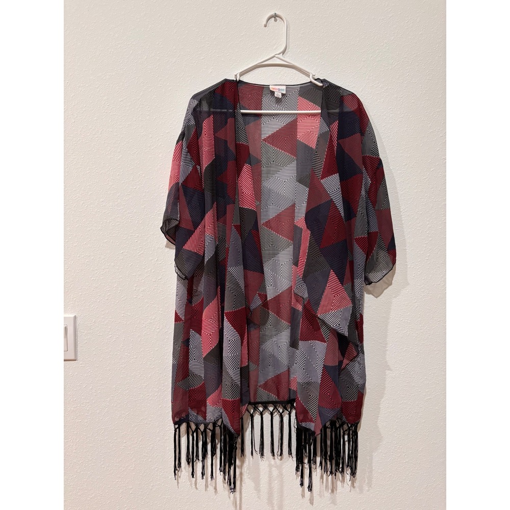 LuLaRoe Geometric Print Kimono Cardigan L Cover Up Fringe Bohemian Festival - Picture 2 of 12